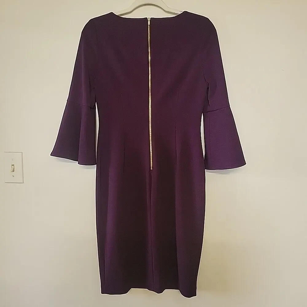 Calvin Klein Purple Midi Body Con Dress Bell 3/4 Sleeves Wedding Guest Size 6 - Picture 2 of 8